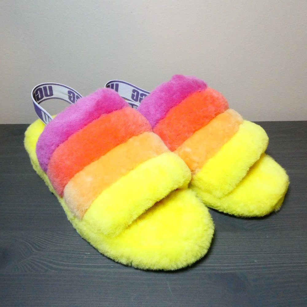 UGG Womens Size 10 Fluff Yeah Yellow Multicolored Pride Slippers Slides Lamb Fur
